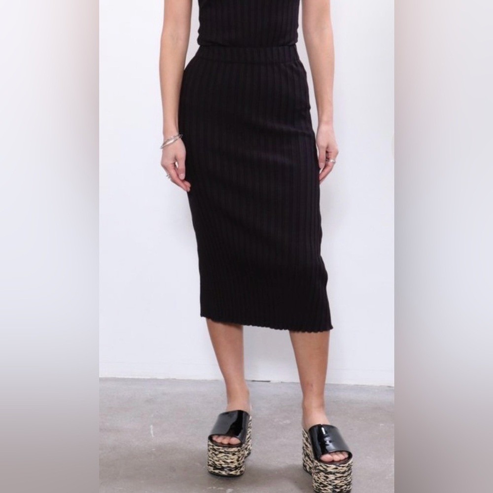 Simon Miller Black Ribbed Midi Skirt Minimalist Lettuce Edge Stretch USA Made XS